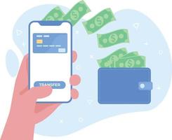 online betaling en digitaal Bill concept. mobiel bank app en betaling door credit kaart. hand- Holding telefoon met geld en portemonnee illustratie. vector