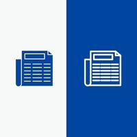 nieuws papier document lijn en glyph solide icoon blauw banier lijn en glyph solide icoon blauw banier vector