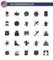 modern reeks van 25 solide glyph en symbolen Aan Verenigde Staten van Amerika onafhankelijkheid dag zo net zo telefoon taart land staten Amerikaans bewerkbare Verenigde Staten van Amerika dag vector ontwerp elementen