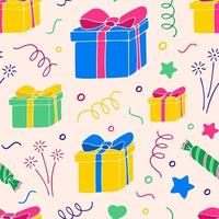 naadloos patroon met schattig geschenk dozen. vector kleurrijk feestelijk achtergrond met Cadeau dozen en confetti. mooi zo voor omhulsel papier, achtergronden, kleding stof afdrukken en omslag.