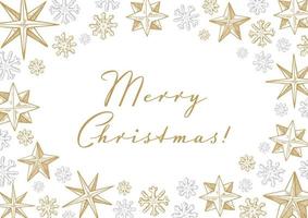 vrolijk Kerstmis en gelukkig nieuw jaar horizontaal groet kaart met hand- getrokken gouden vijf wees sterren en sneeuwvlokken. vector illustratie in schetsen stijl. feestelijk achtergrond