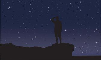 illustratie van een persoon op zoek weg Aan een sterrenhemel nacht. vector