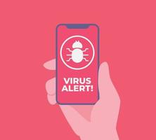 virus alarm bericht kennisgeving Aan smartphone. malware en virus kennisgeving of fout in mobiel telefoon. rood alarm waarschuwing van spam gegevens, onzeker verbinding, scam. vector illustratie.