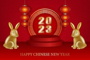 Chinese nieuw jaar achtergrond met goud konijnen en rood lantaarns. konijn jaar poster vector