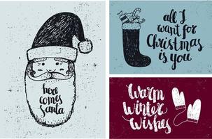 vector reeks van kerstmis, nieuw jaar hand- getrokken kaarten met belettering. winter vakantie elementen, de kerstman, kous, wanten tekening stijl