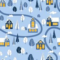 huizen en bomen in de sneeuw. schattig helder Kerstmis illustratie in Scandinavisch stijl. blauw - geel tonen. voor kinderkamer, behang, het drukken Aan kleding stof, inpakken, achtergrond vector
