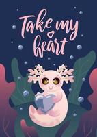liefhebbend axolotl. bubbel in de het formulier van een hart. liefde jij. schattig vector illustratie voor valentijnsdag dag. voor ansichtkaarten, affiches, het drukken Aan kleren. tekenfilm stijl.