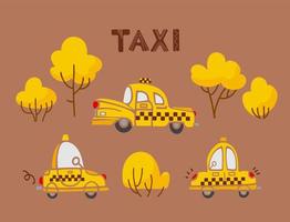 reeks van schattig wijnoogst tekenfilm geel taxi auto's en bomen in warm levendig kleuren. voor jongens, kinderkamer, stickers, affiches, ansichtkaarten, ontwerp elementen vector