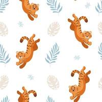 helder zomer tropisch naadloos patroon. schattig tijger, palm bladeren kinderen vector illustratie tekenfilm stijl. voor kinderkamer, affiches, prints Aan kleding stof. Internationale tijger dag. Chinese nieuw jaar 2022.