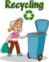 kinderen het werpen vuilnis in de recycling bin.kinderen vervuilend de milieu tekenfilm vector