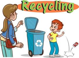 kinderen het werpen vuilnis in de recycling bin.kinderen vervuilend de milieu tekenfilm vector