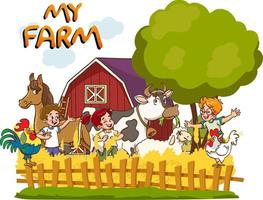 gelukkig kinderen en boerderij dieren.kinderen in boerderij tafereel met dieren illustratie vector