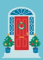 rood Kerstmis huis deur Aan een blauw achtergrond. de Ingang naar de huis is versierd met Kerstmis bomen en een lauwerkrans. vector artistiek illustratie voor ansichtkaarten, banners en afdrukken.