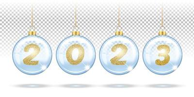 getallen 2023 van goud pailletten in Kerstmis transparant ballen, Kerstmis boom decoraties. feestelijk lay-out van spandoeken, affiches, groet kaarten voor de nieuw jaar. 3d realistisch Aan een wit achtergrond vector