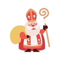 schattig heilige nicholas of sinterklaas met zak van cadeaus en personeel. gelukkig st nicholas dag. oud Mens bisschop karakter. winter christen vakantie. mascotte tekenfilm illustratie. vector