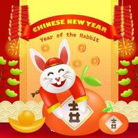 Chinese nieuw jaar, jaar van de konijn. 3d illustratie van een konijn knuffelen een oranje. geschikt voor evenementen vector