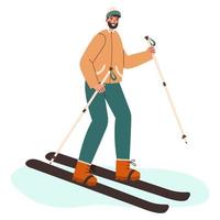 gelukkig Mens skiën. jong Mens in warm kleren is verloofd in winter sport. vlak vector illustratie.