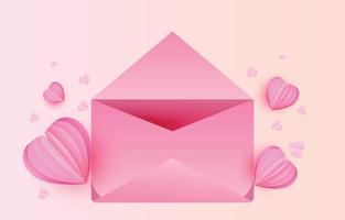 roze brief versierd met rood hart vormig papier uitsparingen en mail. illustratie idee voor Valentijnsdag dag of Bezig met verzenden liefde berichten. vector envelop