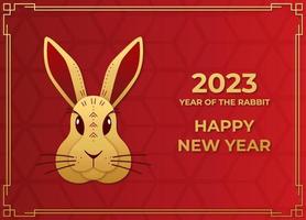 gelukkig Chinese nieuw jaar 2023 jaar van de konijn. groet kaart met hoofd van konijn in goud kleur Aan rood achtergrond in ambacht stijl. vector illustratie.