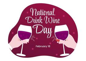 nationaal drinken wijn dag Aan februari 18 met glas van druiven en fles in vlak stijl tekenfilm hand- getrokken achtergrond Sjablonen illustratie vector