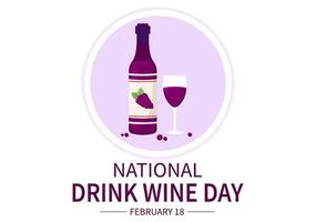 nationaal drinken wijn dag Aan februari 18 met glas van druiven en fles in vlak stijl tekenfilm hand- getrokken achtergrond Sjablonen illustratie vector