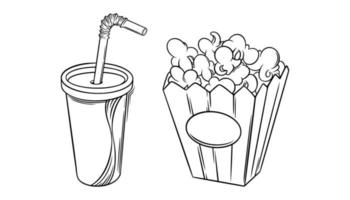 popcorn mand en cola schetsen. bioscoop knal maïs in tekening stijl. vector illustratie