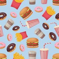 snel voedsel. naadloos patroon met de beeld van snel voedsel producten, zo net zo hamburgers, donuts, koffie, een drinken met een rietje, gebakken aardappelen. snel voedsel patroon. vector. vector