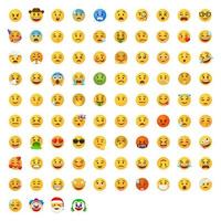 emoticons en emoties emoji vector set. lachend, neutrale of sceptisch, slaperig, ziekelijk, bezorgd, boos of ontevreden gezicht.