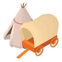 wilde Westen concept icoon isometrische vector. oud gedekt houten wagon en wigwam icoon vector