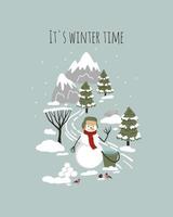 tekenfilm winter landschap met sneeuwman, bergen, pijnboom bomen, sneeuw. Kerstmis tijd poster, kaart, afdrukken vector