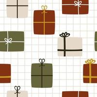 schattig rood en groen Cadeau geschenk doos Aan een geruit achtergrond. naadloos vector winter patroon voor Kerstmis en nieuw jaar viering
