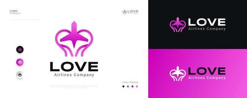 liefde vlak logo ontwerp in roze helling concept. hart vliegtuig logo of icoon, geschikt voor luchtvaart, luchtvaartmaatschappijen, toerisme of reizen bedrijf logo vector