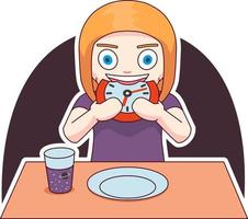 tekenfilm meisje is aan het eten horloge. grappig sticker Aan de thema van een verspilling van tijd. vector