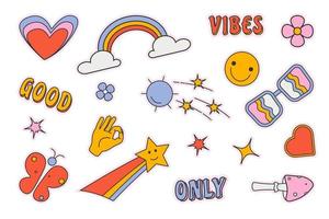retro jaren 70 stijl stickers, y2k, hip, bloemen, vlinders, regenboog, satelliet, sterren vector