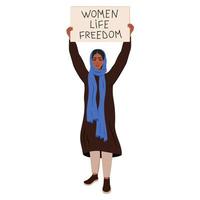 Iraans vrouw protest. Arabisch vrouw in hijab en nationaal jurk Holding aanplakbiljet met tekst. vrouwen rechten. concept van eenheid, vrijheid, discriminatie. Islamitisch vrouw karakter geïsoleerd. vector