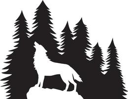 silhouet van gehuil wolf en Woud. vector illustratie.