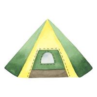 retro tent geschilderd in waterverf, toerist tent voor camping groen en geel, accessoires voor recreatie, hacken en camping vector