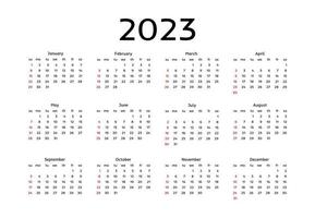 kalender voor 2023 geïsoleerd op een witte achtergrond. zondag tot maandag, zakelijke sjabloon. vector illustratie