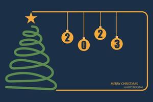 lichten groen glimmend Kerstmis boom met een gouden gloeiend ster Aan top en een Kerstmis bal met 2023 Aan blauw achtergrond. vakantie viering. helder licht decoratie. vector