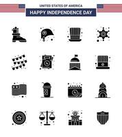 gelukkig onafhankelijkheid dag Verenigde Staten van Amerika pak van 16 creatief solide glyphs van partij lamp Gorzen hoed Politie teken Politie bewerkbare Verenigde Staten van Amerika dag vector ontwerp elementen