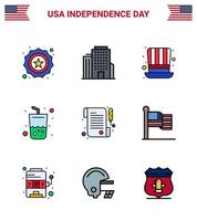 Verenigde Staten van Amerika onafhankelijkheid dag vlak gevulde lijn reeks van 9 Verenigde Staten van Amerika pictogrammen van dag papier hoed cola drinken bewerkbare Verenigde Staten van Amerika dag vector ontwerp elementen