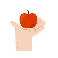 hand- Holding en geven een appel. gezond natuurlijk voedsel. rood fruit. oogsten. modern modieus vlak tekenfilm illustratie geïsoleerd Aan wit vector