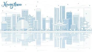 schets Hangzhou horizon met blauw gebouwen en reflecties. vector