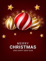 vrolijk Kerstmis en nieuw jaar groet kaarten. Kerstmis achtergrond ontwerp met realistisch ornamenten, ballen, en sterren. sjabloon voor groet kaart, poster, web banier of omslag. vector illustratie
