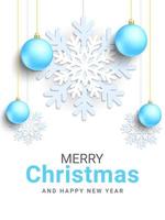 Kerstmis en nieuw jaar kaart ontwerp. Kerstmis achtergrond sjabloon met belettering schoonschrift elementen, blauw ballen en decoratief sneeuwvlok ornament. vector illustratie