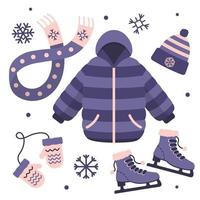 verzameling van winter kleren voor ijs het schaatsen in Purper kleuren vector illustratie in vlak stijl