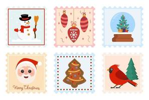 reeks van Kerstmis port postzegels voor mail of decoratie vector illustratie in vlak stijl
