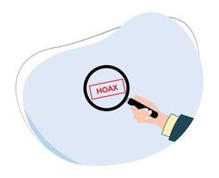 hand- Holding een vergroten glas met een hoax inscriptie. zoeken en vind hoax nieuws. vlak ontwerp vector tekenfilm illustratie geïsoleerd Aan wit achtergrond