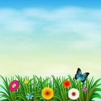 een tuin onder de strakblauwe lucht met een vlinder vector