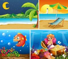vier verschillende scènes van tropisch strand en zeemeermin onder water met zeecreater vector
